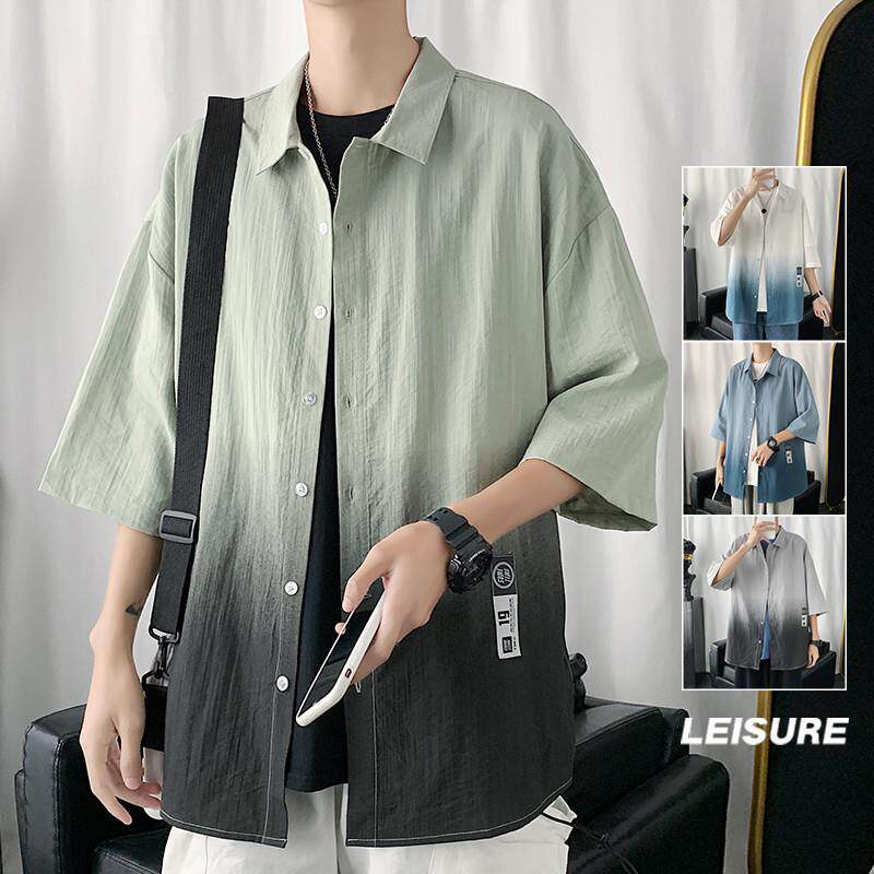 冰丝短袖衬衫男装夏季新款潮牌宽松五分半袖衬衣渐变色上衣服外套