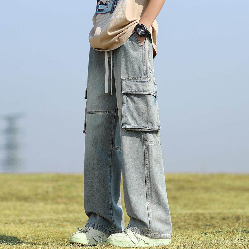 黄泥工装牛仔裤男夏季薄款直筒2025新款宽松阔腿多口袋男生裤子男
