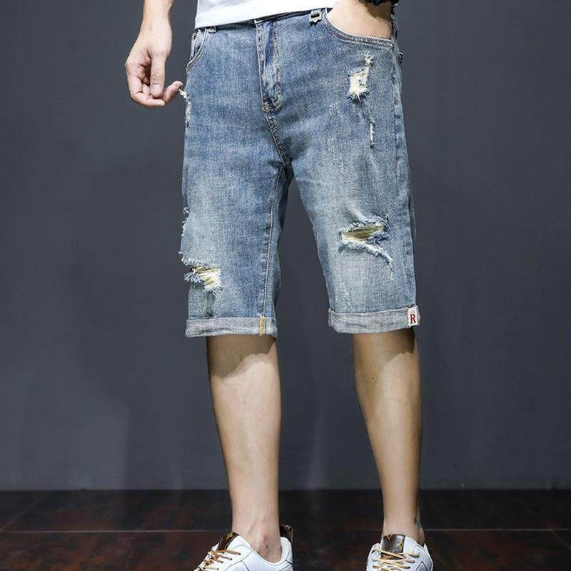 夏季薄款牛仔短裤男破洞宽松直筒时尚潮流马裤休闲潮牌五分中裤