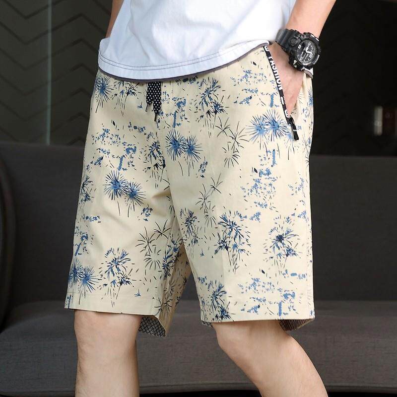 夏季新款男装潮牌烟花印花卡其色沙滩五分裤子男直筒休闲短裤