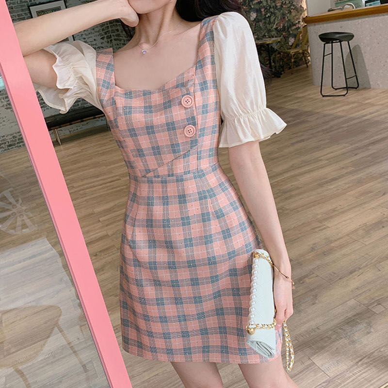 Summer new temperament Korean women's Plaid short sleeve waist skirt splicing Chiffon word dress