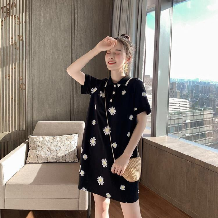 Summer new medium length large loose Daisy black blouse net red dress T-shirt