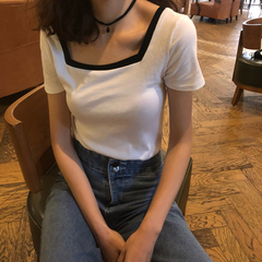 Official picture retro color contrast square neck short sleeve T-shirt slim top