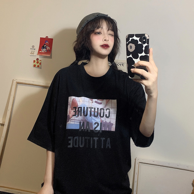 Real shot ins fashion Harajuku style short sleeve T-shirt women's summer loose casual top