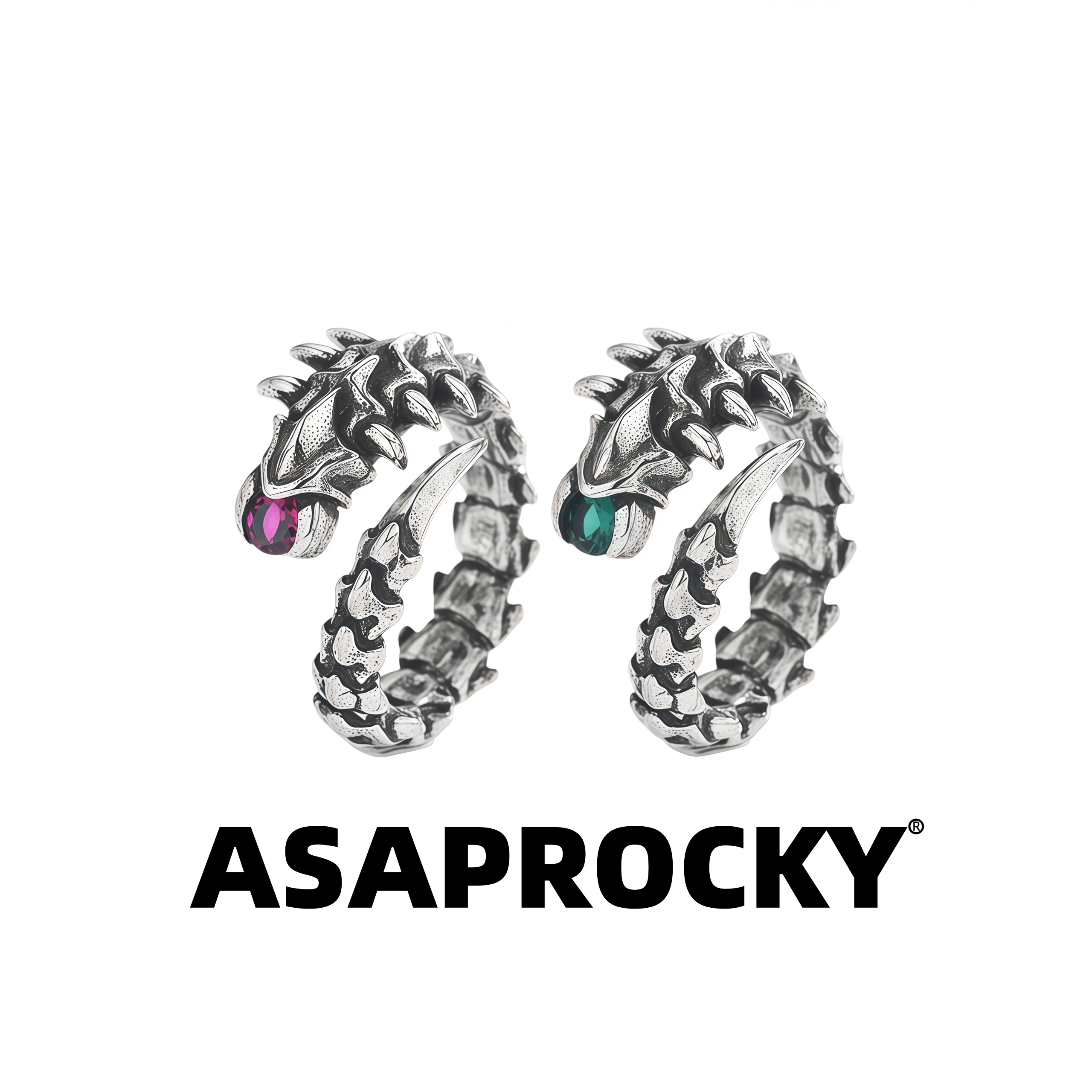 ASAPROCKY复古蜈蚣骨龙做旧银色龙头骨开口小众戒指锆石男女同款