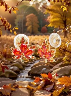 ASAROCKY秋冬款美拉德枫叶S925银针红色嘻哈暖色耳钉轻奢男女耳饰