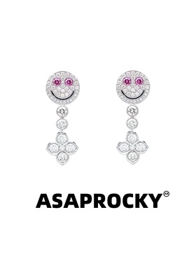 ASAPROCKY权志龙同款笑脸四叶草满钻耳钉嘻哈极简轻奢小众女耳环