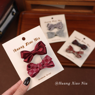 黄小妞复古格纹蝴蝶结儿童发夹甜美礼服发饰新年女童发夹