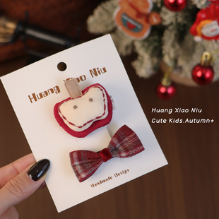 黄小妞森系布艺卡通苹果蝴蝶结婴儿发夹可爱红色不伤发女宝宝发饰