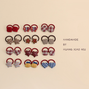 黄小妞秋冬布艺百搭格子迷你婴儿发圈洋气红色女宝宝新年发绳头饰
