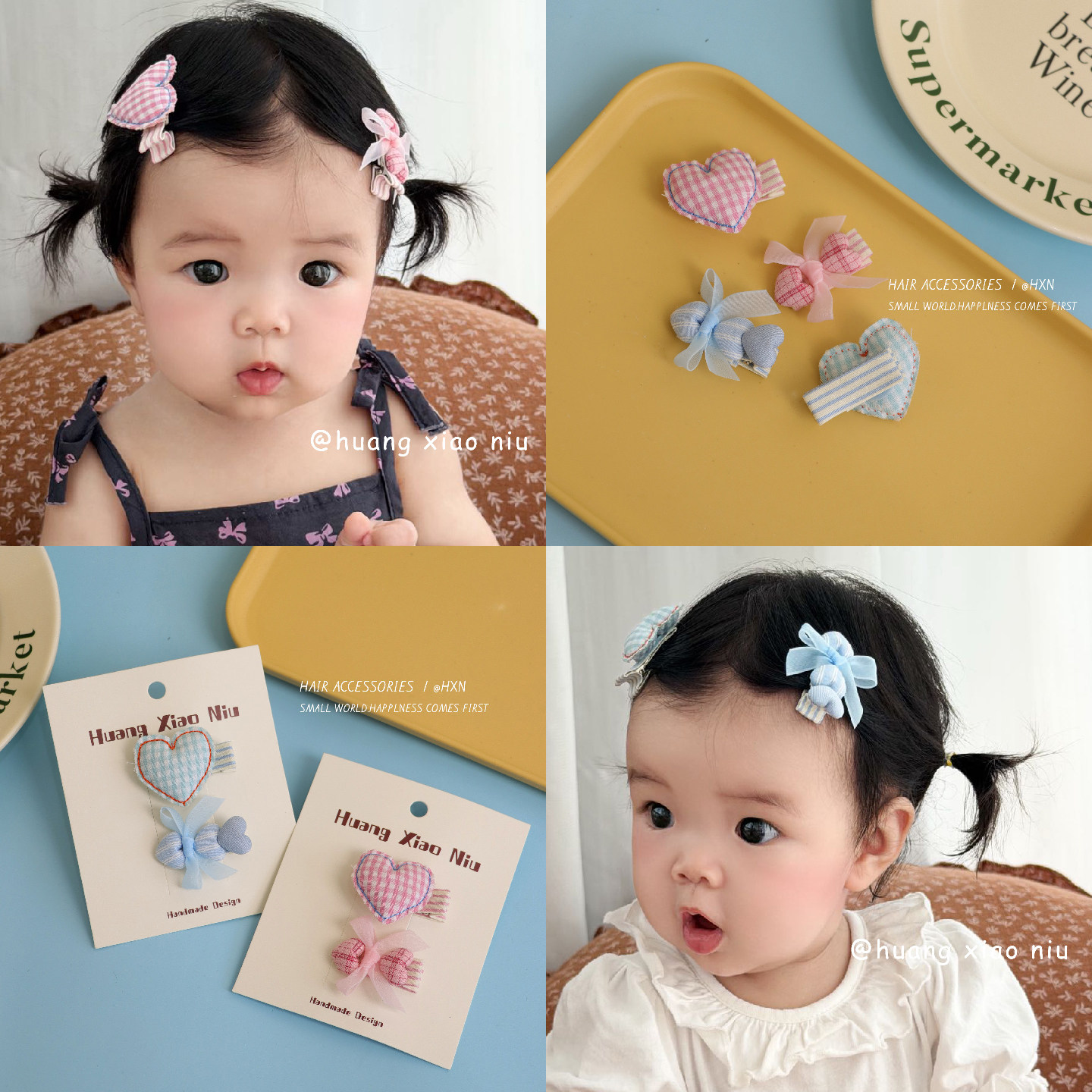 黄小妞手工爱心蝴蝶结宝宝发夹女童可爱全包布碎发夹发卡头饰