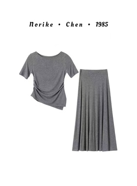 松弛简洁清凉舒适腰侧收褶修身短袖半身长裙套装NK550701