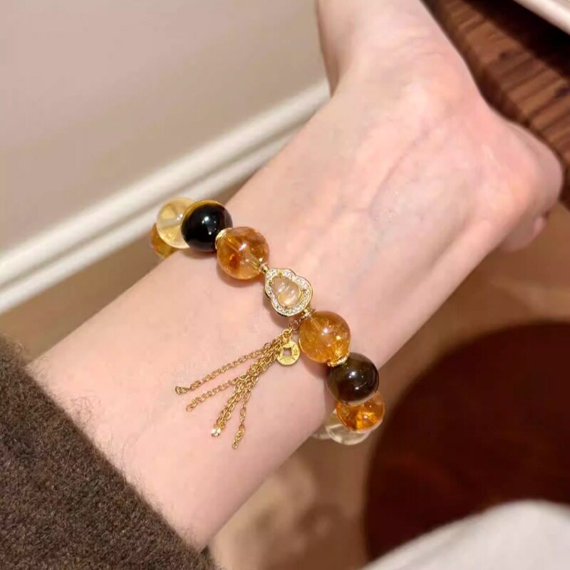 纯天然招财黄塔晶金发晶手链女