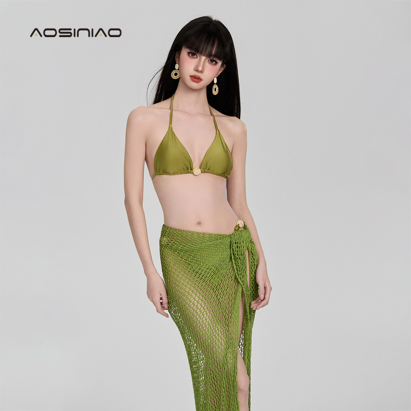 2026新款挂脖比基尼分体泳衣女三件套网纱长裤海边度假温泉游泳衣
