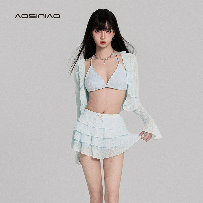 绝美泳衣女士分体2025新款高级感纯欲性感海边度假四件套裙式泳装