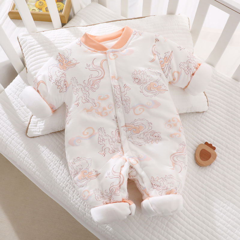 150g婴儿连体棉袄秋冬夹棉加厚新生儿棉服开衫可爱卡通宝宝棉衣春