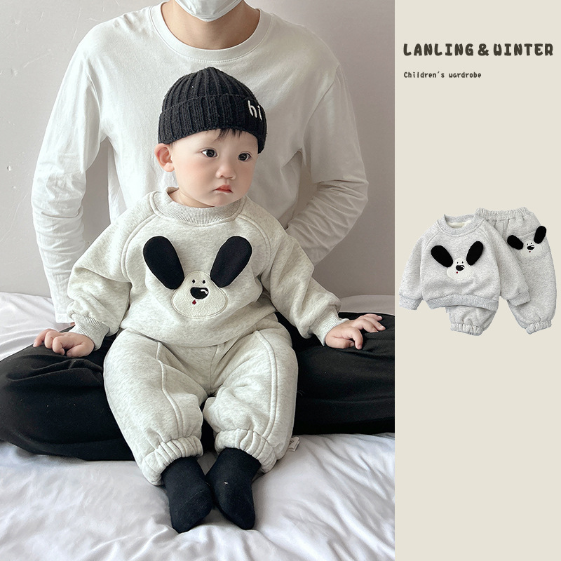 超萌婴儿衣服套装冬季男女宝宝加绒加厚卫衣卫裤保暖两件套外出服