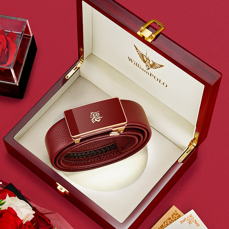 保罗男士皮带真皮2026新款本命年内穿红腰带马年自动扣真牛皮裤带