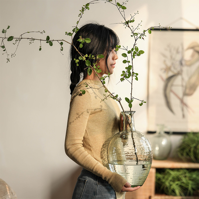 绿色单耳细口透明玻璃花瓶吊钟马醉木2021新摆件客厅餐桌插花花器