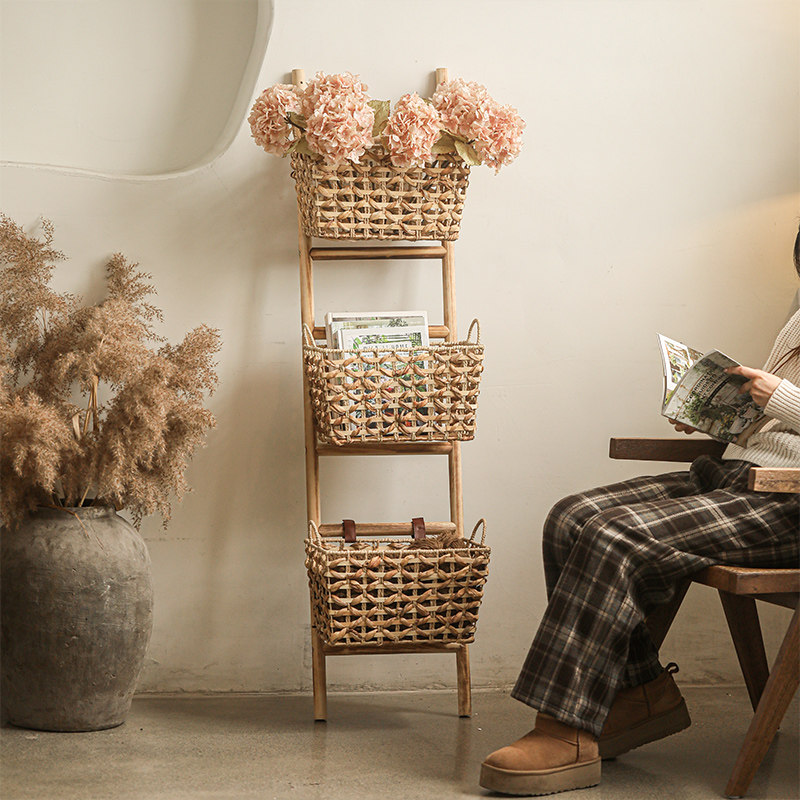 三层草编梯篮复古收纳架多层书报架靠墙落地客厅装饰摆件置物架,收纳整理,整理架/置物架/收纳架,淘宝优惠券,粉丝福利购,淘宝优惠卷