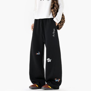 子运动香蕉直筒重磅 男女情侣刺绣花卡通松紧带抽绳长裤 卫裤 阔腿裤