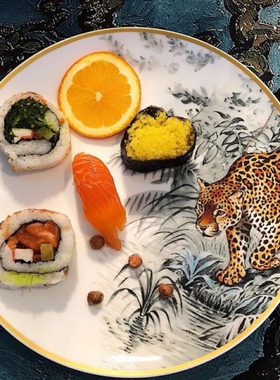 欧式动物骨样板房会所装饰盘新款水墨画风豹子鹦鹉西餐牛排碟热销