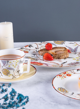 北欧金边碟西餐餐具碟盘家骨瓷套装牛排盘沙拉盘杯碟组格兰花系列