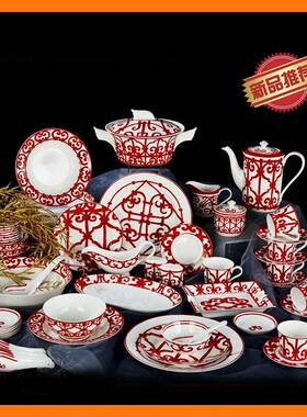 73头欧式红色铁窗中西餐具出口西班牙中档骨瓷餐具套装礼盒套装