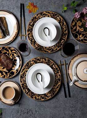 伯善轻奢风格独角兽西餐陶瓷金边盘子牛排盘饭碗盘子家用餐具套装