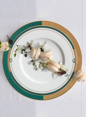 样板间餐具套装摆件欧式西餐餐具全套牛排西餐盘平盘摆台墨绿格纹