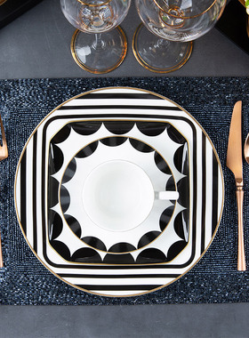 北欧现代欧式美式简欧样板间摆场饰品西餐具西餐盘套装黑色正方盘