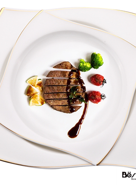 欧式骨质金边西餐盘创意方形酒店牛排陶瓷碟子家用会所样板房热销