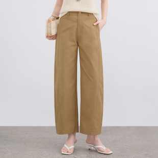卡其色休闲直筒裤弯刀裤女2026春季新款高腰通勤阔腿西装裤九分裤