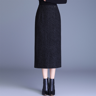 羊毛呢豹纹直筒裙半身裙女秋冬裙子2025新款高腰修身中长款包臀裙
