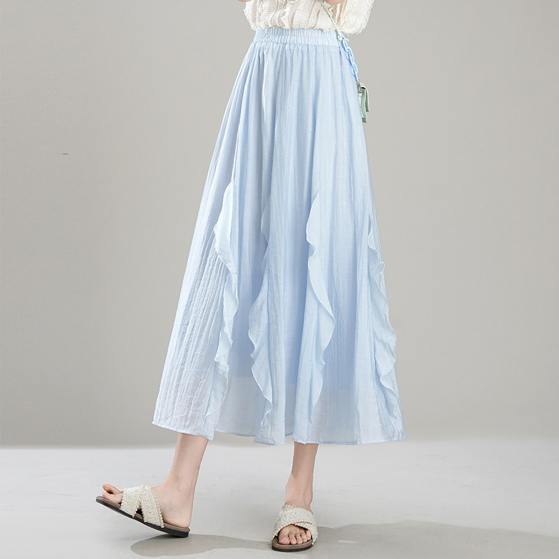 高腰蓝色中长款a字裙女夏2025年新款显瘦薄款荷叶边冰丝棉半身裙