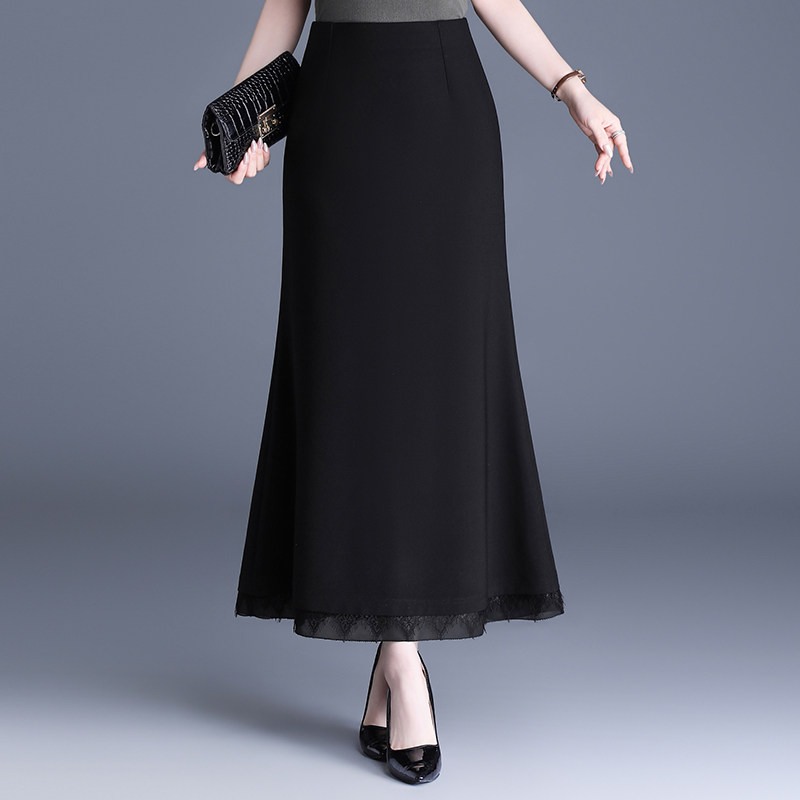 蕾丝边黑色半身裙鱼尾裙女2026春季新款高腰弹力包臀西装裙子长裙