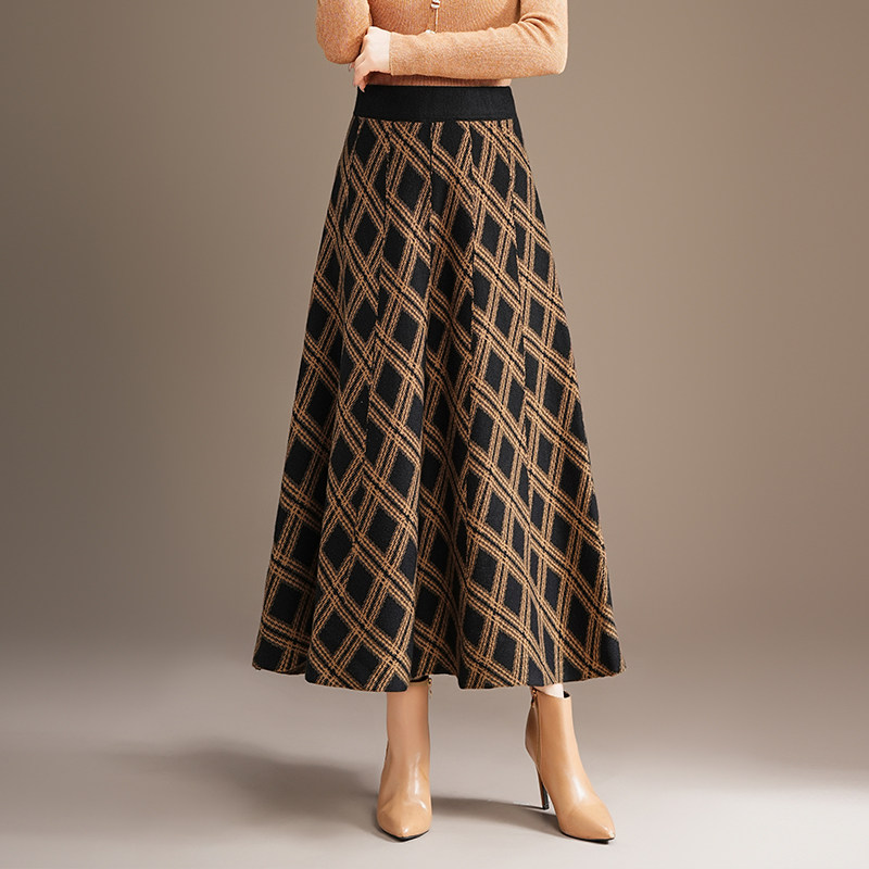 格子半身裙女冬季新款高腰显瘦加厚大摆针织毛线裙长款伞裙a字裙