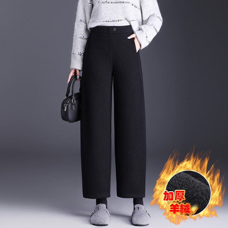 加厚羊绒小个子休闲裤女冬新款加绒哈伦裤显瘦九分裤子弯刀阔腿裤