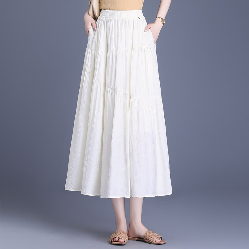 冰丝褶白色半身裙女高腰中长款2025春夏季裙子大摆裙百搭a字伞裙