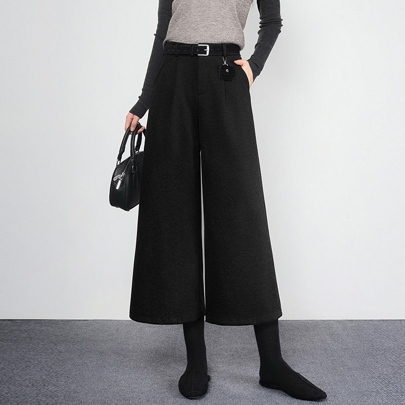 黑色毛呢裙裤八分裤女秋冬2025年新款加厚高腰垂感阔腿裤通勤女裤