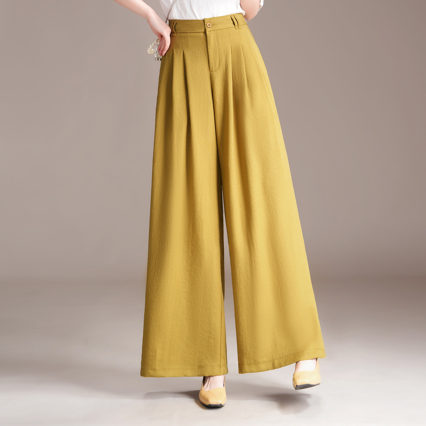 亚麻时尚阔腿裤女春夏季九分高腰显瘦小个子宽松直筒裤大码休闲裤