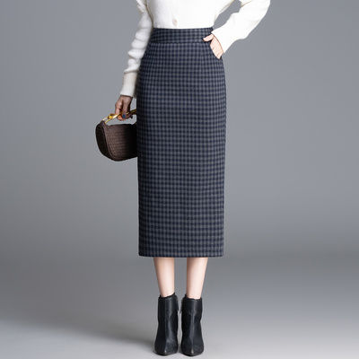 高腰洋气一步裙半身裙2025秋冬新款时尚修身中长款毛呢格子包臀裙