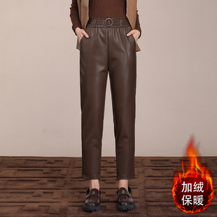 pu皮裤九分裤女秋冬季松紧腰加绒加厚小个子哈伦裤直筒休闲小脚裤