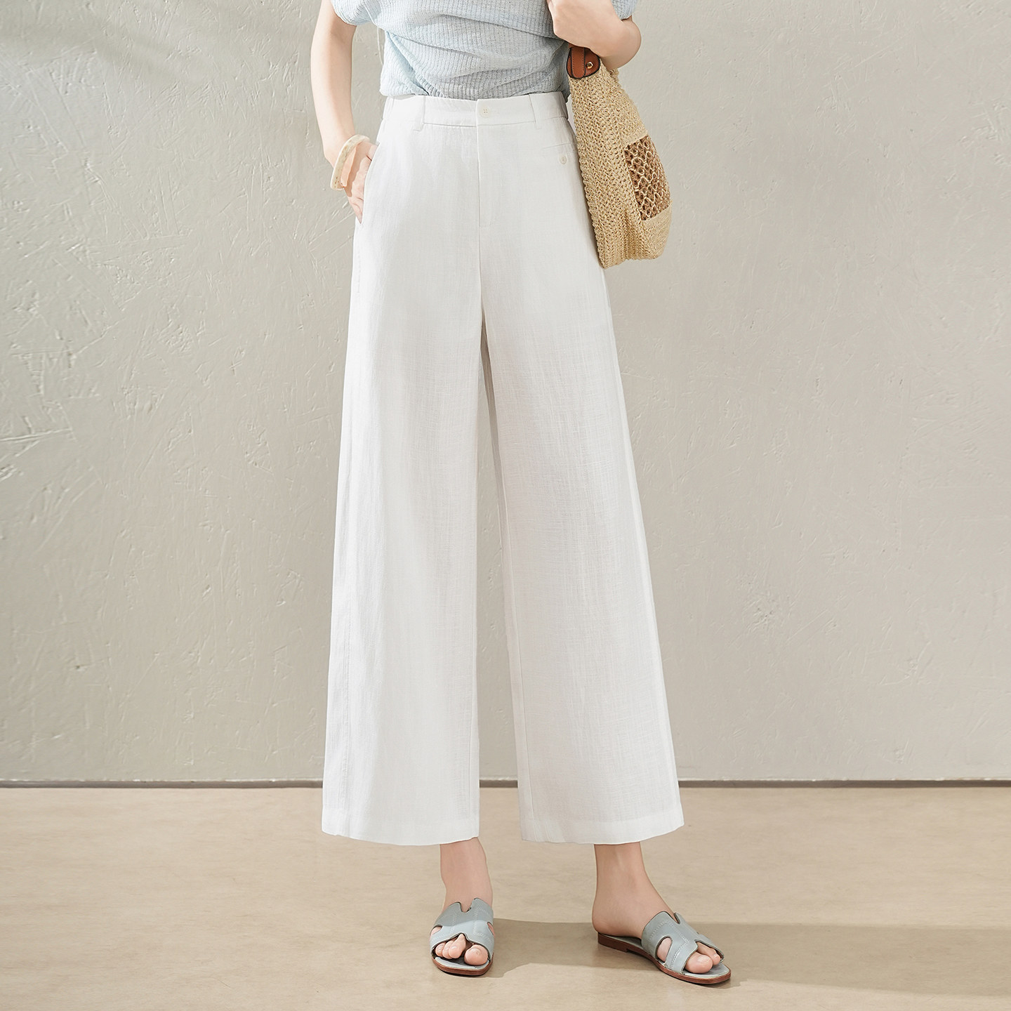 百搭天丝亚麻阔腿裤女夏季薄款高腰显瘦小个子白色休闲裤子直筒裤