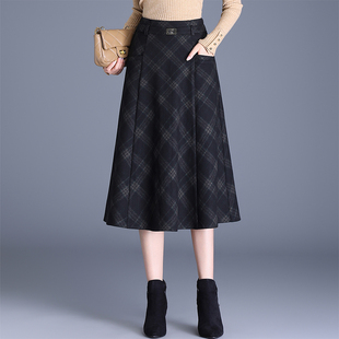 毛呢格子a字裙女秋冬2025年新款高腰显瘦遮肚子中长款时尚半身裙