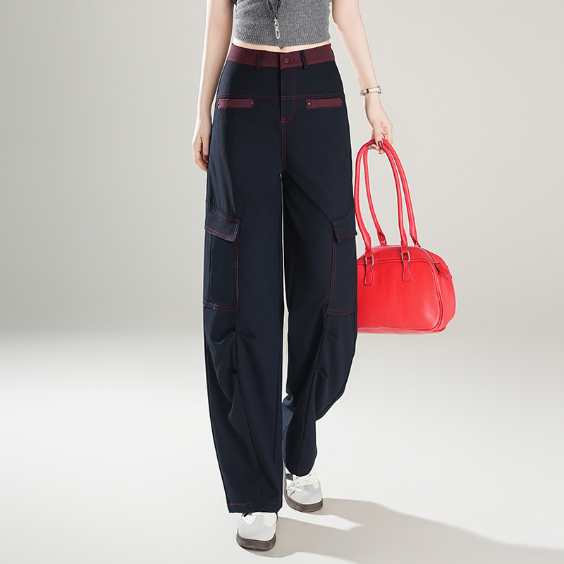 藏青色设计感弯刀裤女2026春季新款高腰显瘦小个子窄版休闲阔腿裤