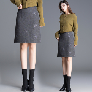 刺绣亮片毛呢半身裙灰色短裙女秋冬高腰显瘦遮胯a字包臀裙五分裙