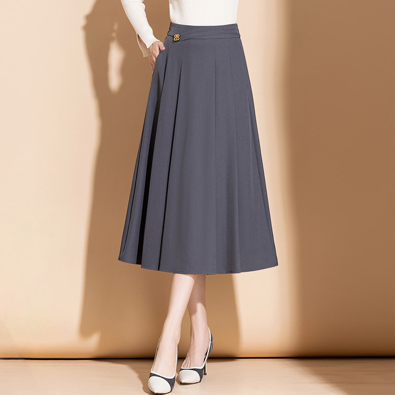 百褶A字裙灰色西装中长款半身裙女秋季新款高腰气质显瘦休闲裙子