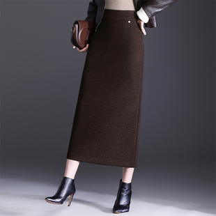 加厚毛呢豹纹包臀半身裙女秋冬2025新款高腰长款一步裙直筒裙冬裙