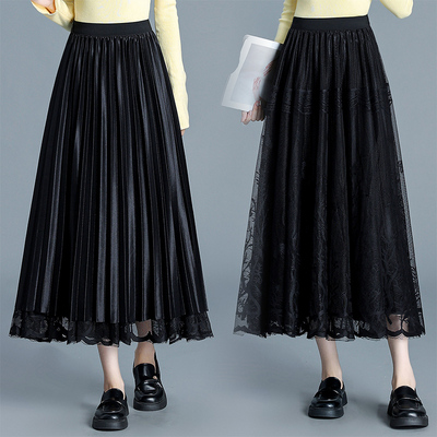 两面穿蕾丝大摆半身裙女春秋a字裙高腰遮胯百褶长裙显瘦仙女裙子